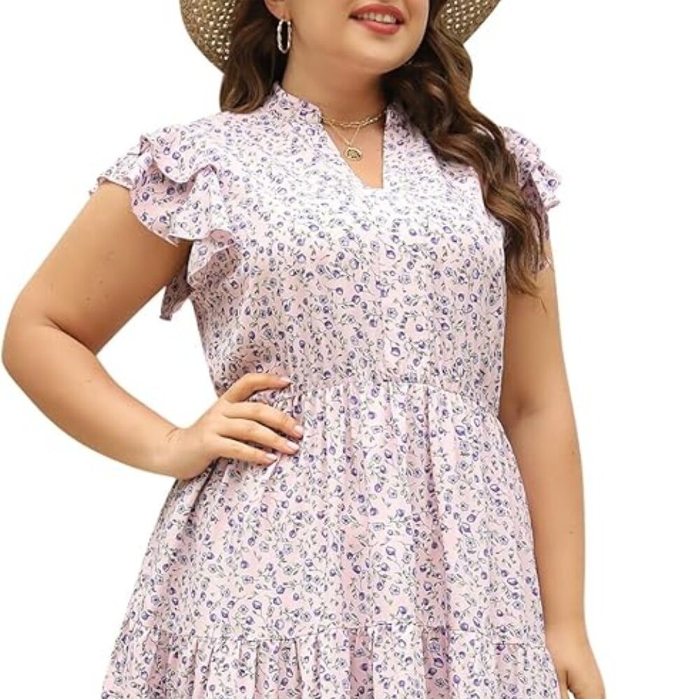Floral Ruffle Sleeve Dress in Pink